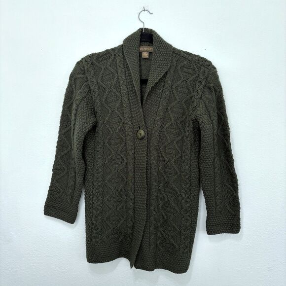Inis Crafts Womens Merino Wool Cardigan Size L Chunky Cable Knit Sweater Ireland - Picture 1 of 7